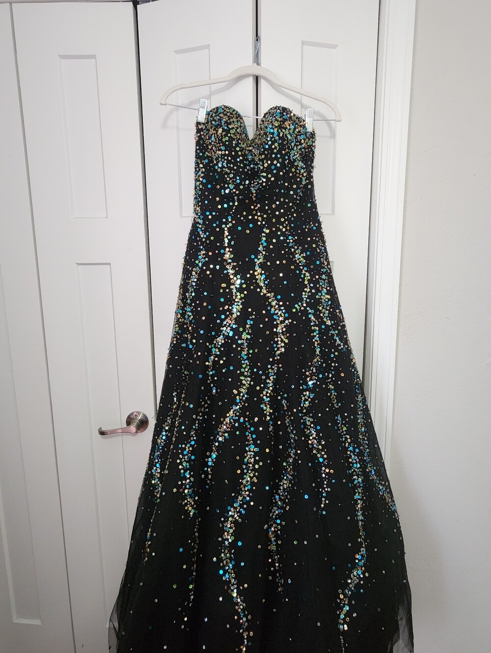 Alfred Angelo Black Strapless Sequin Prom Ball Gown with Teal & Gold Accents